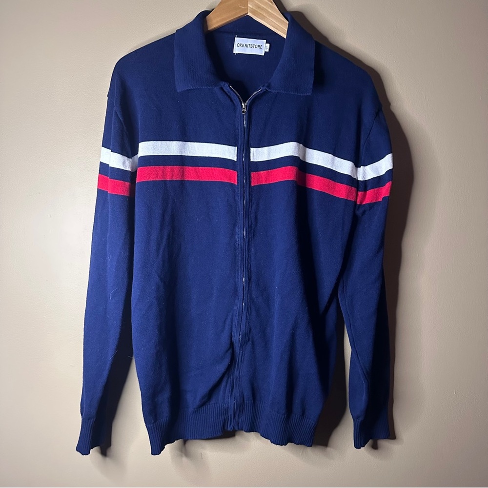 OXKNIT Vintage Inspired Navy Full Zip Cotton Sweater with Red and White Stripes